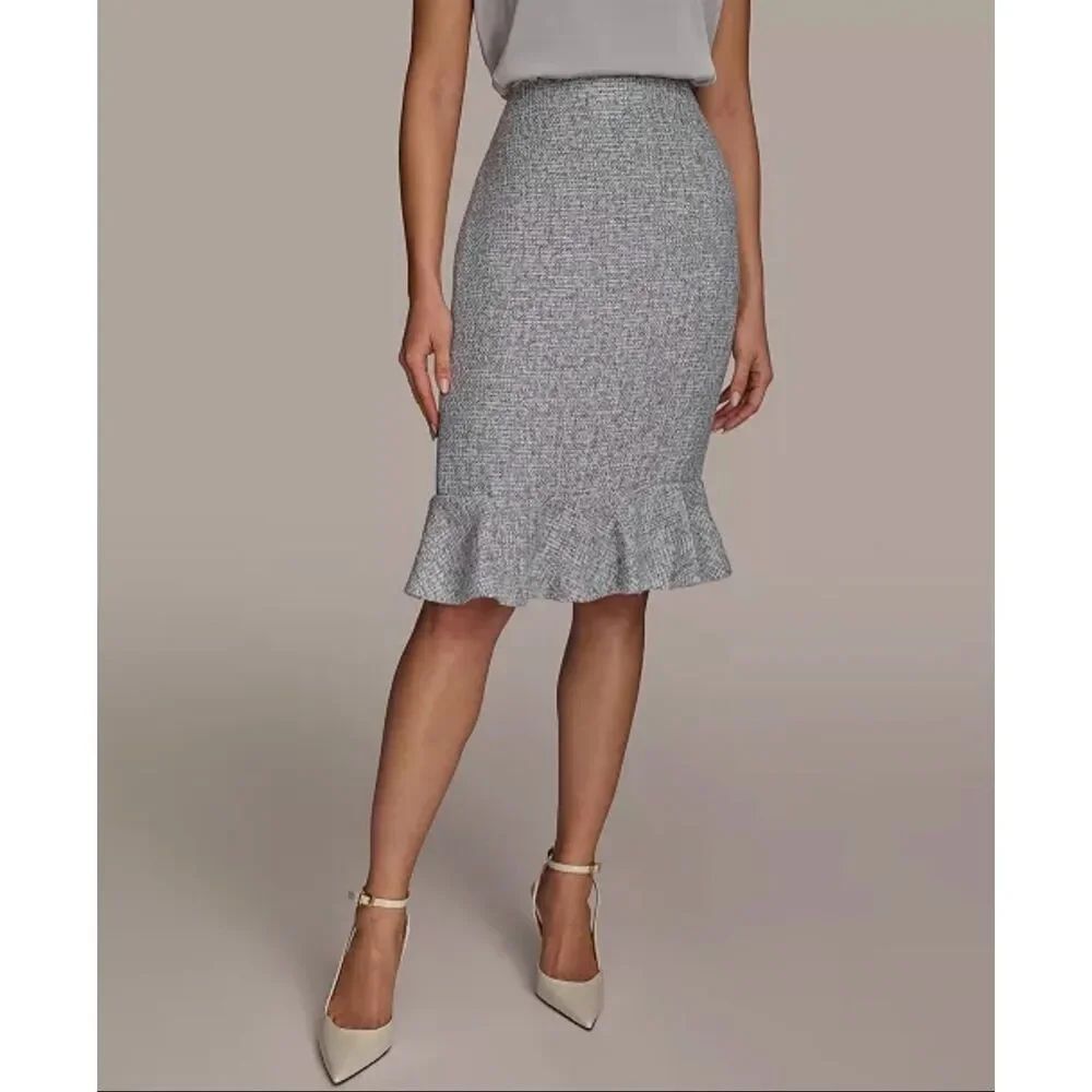 Donna Karan New York Tweed Ruffle Hem Skirt Grey 4 Petite